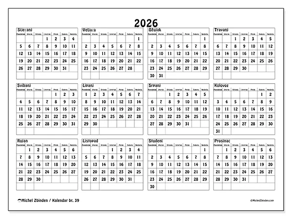 Godišnji kalendar 2026 za ispis - Škola i studij