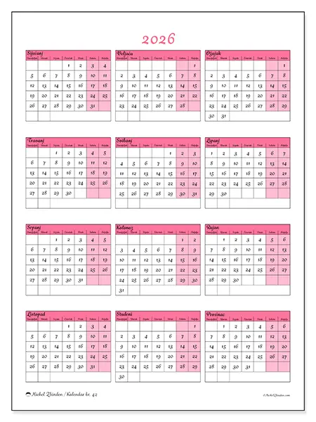 Godišnji kalendar 2026 za ispis - Nježnost i šarm