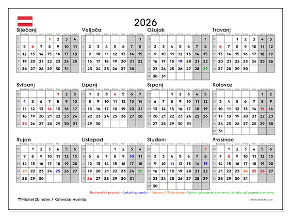 Godišnji kalendar 2026 za ispis - Austrija