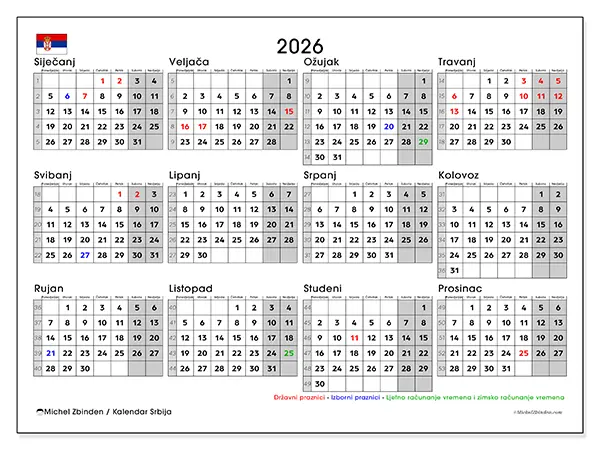Godišnji kalendar 2026 za ispis - Srbija