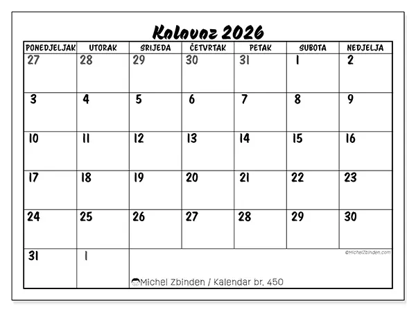 Kalendar kolovoz 2026 za ispis - Detaljan model