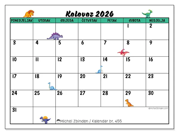 Kalendar kolovoz 2026 za ispis - Mali dinosauri