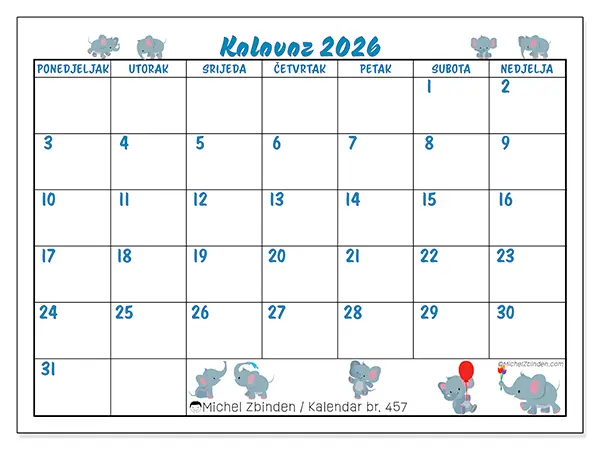 Kalendar kolovoz 2026 za ispis - Mali slonovi