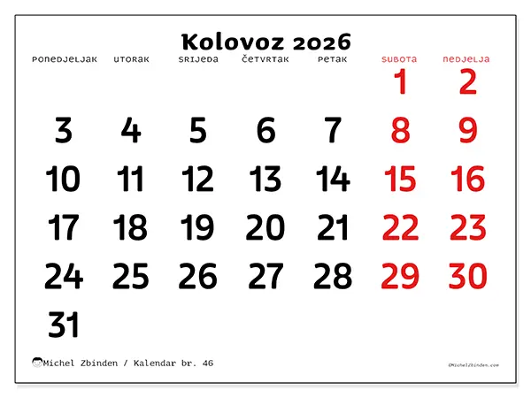 Kalendar kolovoz 2026 za ispis - Jasna vizija
