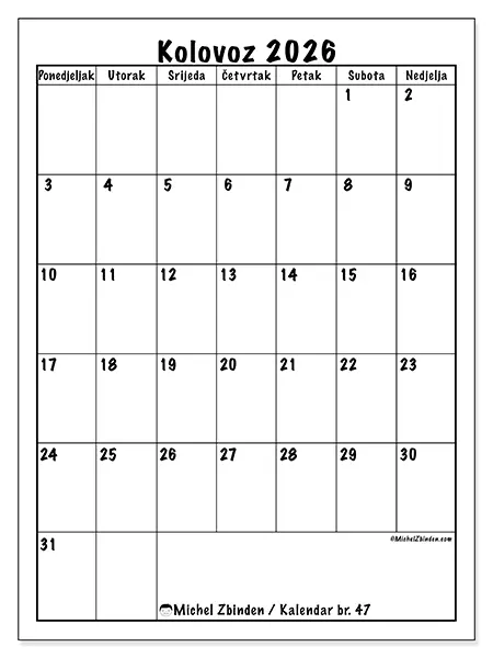 Kalendar kolovoz 2026 za ispis - Jasno planiranje