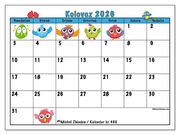 Kalendar kolovoz 2026 za ispis - Zabavne ptice