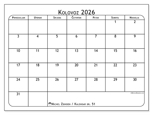 Kalendar kolovoz 2026 za ispis - Planer obroka