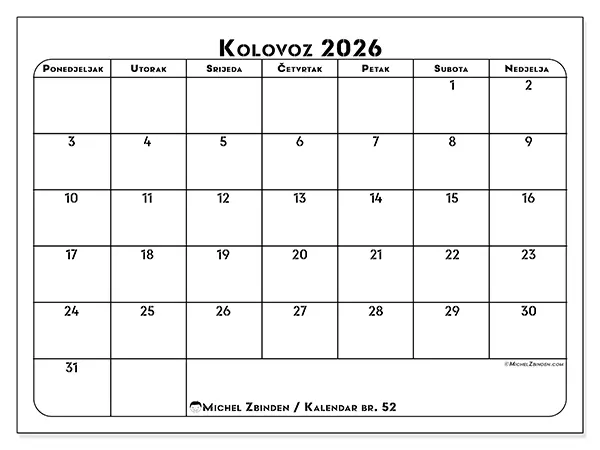 Kalendar kolovoz 2026 za ispis - Plan rada