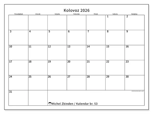 Kalendar kolovoz 2026 za ispis - Jasan raspored