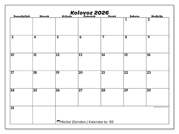 Kalendar kolovoz 2026 za ispis - Slobodno vrijeme