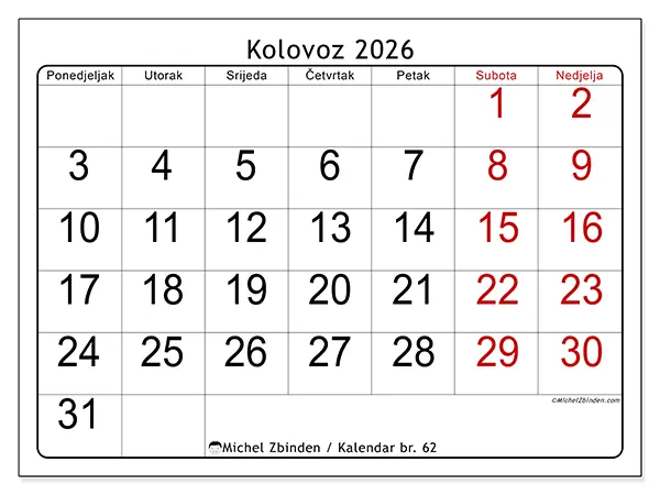 Kalendar kolovoz 2026 za ispis - Brzi pregled