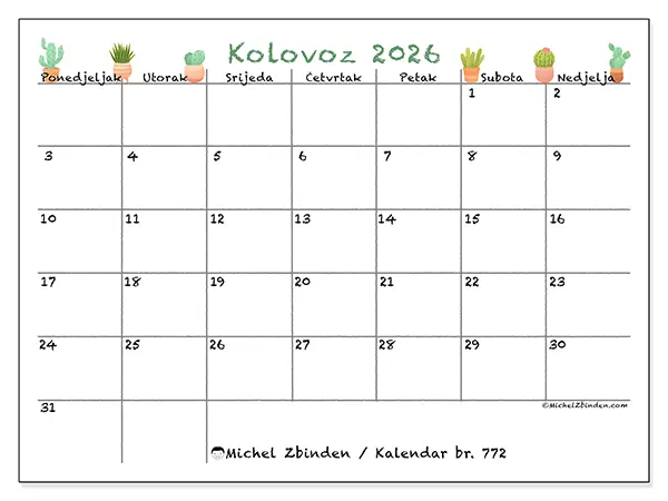 Kalendar kolovoz 2026 za ispis - Dekorativni kaktusi