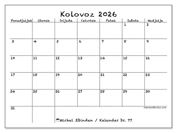 Kalendar kolovoz 2026 za ispis - Škola i obitelj