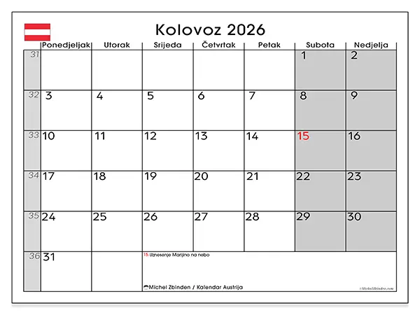 Kalendar kolovoz 2026 za ispis - Austrija