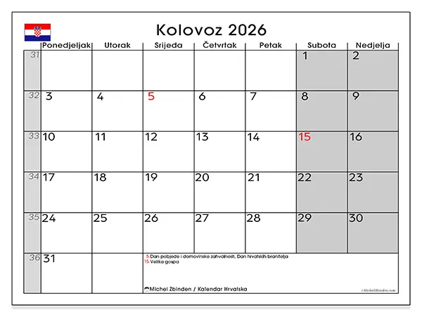 Kalendar kolovoz 2026 za ispis - Hrvatska