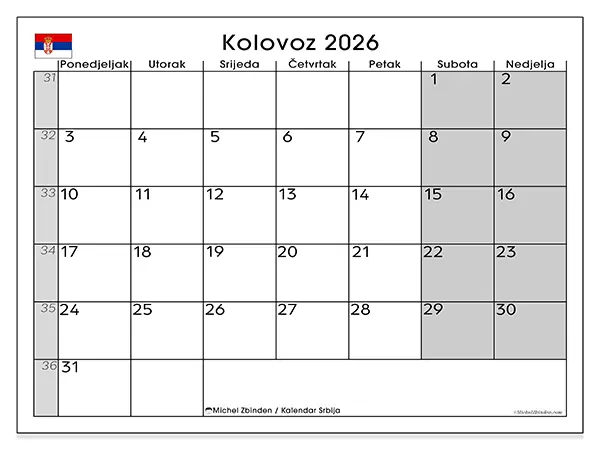 Kalendar kolovoz 2026 za ispis - Srbija