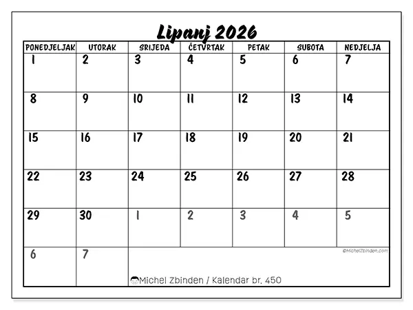 Kalendar lipanj 2026 za ispis - Detaljan model