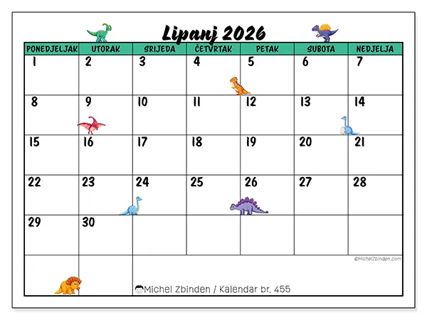 Kalendar lipanj 2026 za ispis - Mali dinosauri