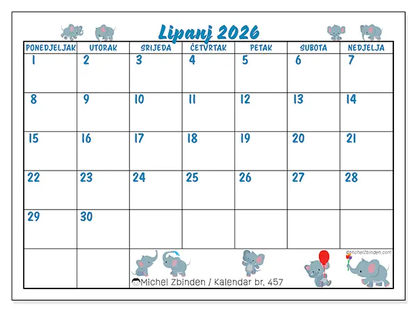Kalendar lipanj 2026 za ispis - Mali slonovi