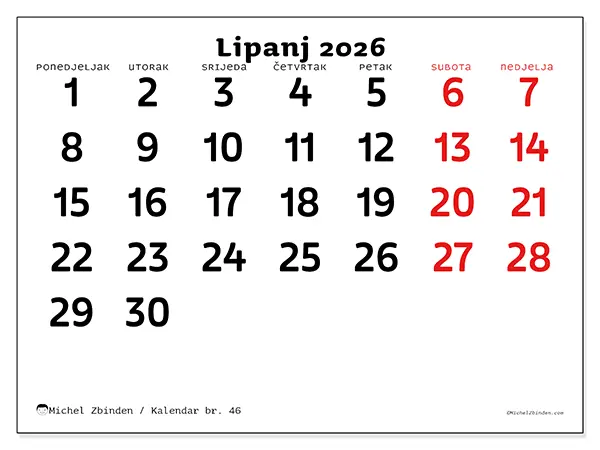 Kalendar lipanj 2026 za ispis - Jasna vizija