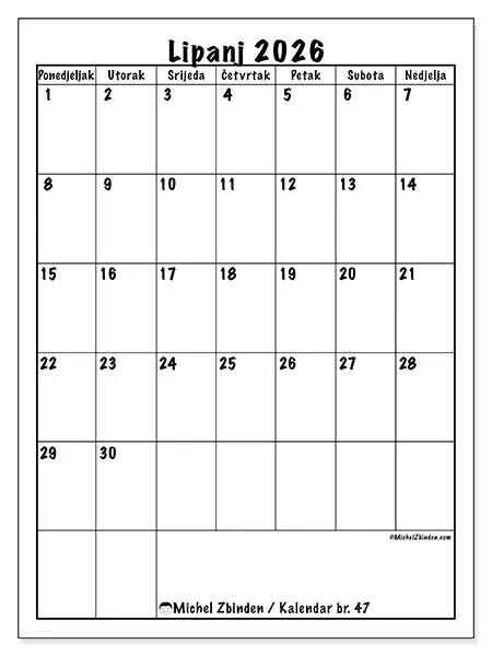 Kalendar lipanj 2026 za ispis - Jasno planiranje