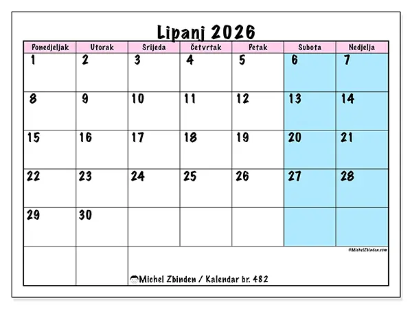 Kalendar lipanj 2026 za ispis - Raspored tima
