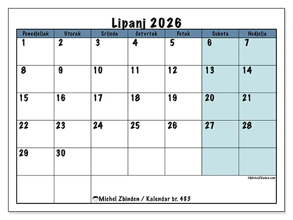 Kalendar lipanj 2026 za ispis - Struktura za školu