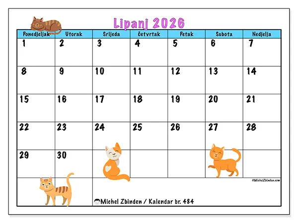 Kalendar lipanj 2026 za ispis - Ljubav prema mačkama