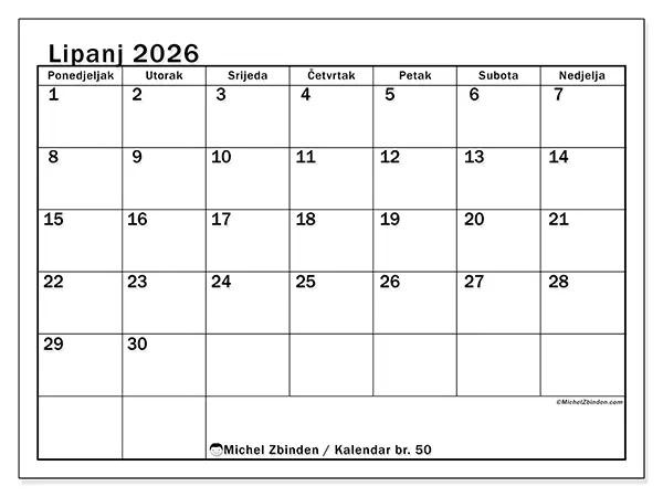 Kalendar lipanj 2026 za ispis - Jasan mjesec