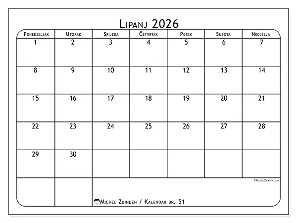 Kalendar lipanj 2026 za ispis - Planer obroka
