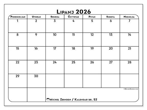 Kalendar lipanj 2026 za ispis - Plan rada