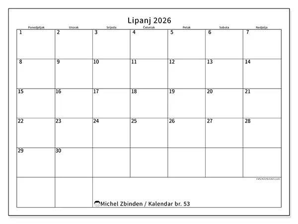 Kalendar lipanj 2026 za ispis - Jasan raspored