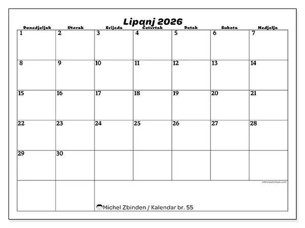 Kalendar lipanj 2026 za ispis - Slobodno vrijeme
