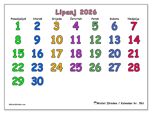 Kalendar lipanj 2026 za ispis - Kreativni trenuci