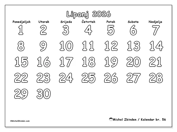 Kalendar lipanj 2026 za ispis - Korisno bojanje