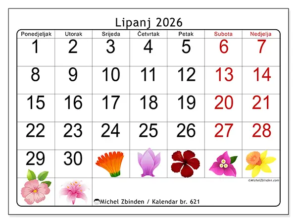 Kalendar lipanj 2026 za ispis - Veliko cvijeće