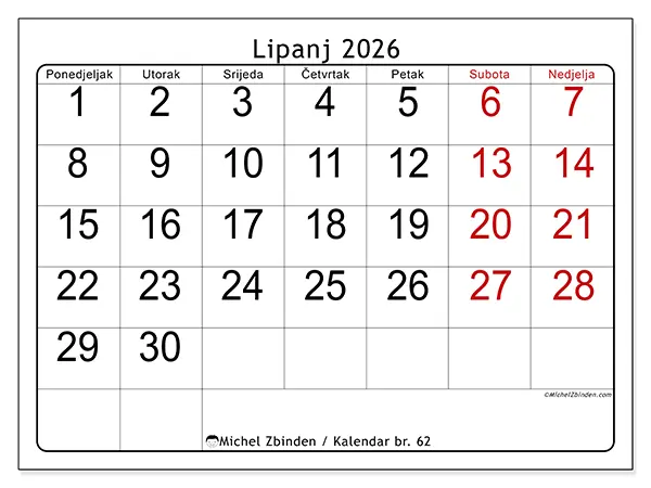 Kalendar lipanj 2026 za ispis - Brzi pregled