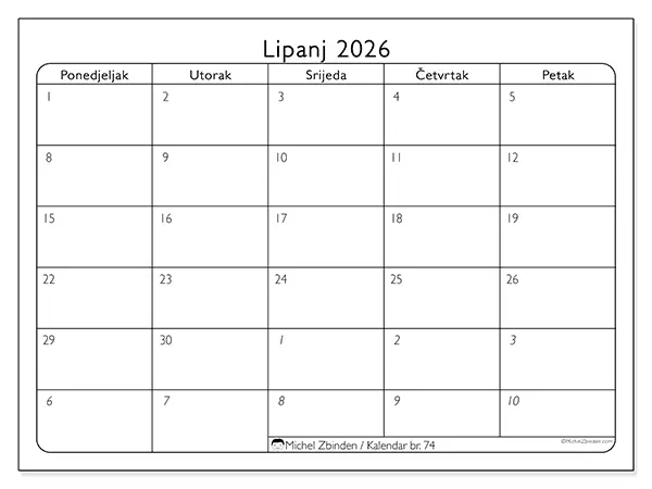 Kalendar lipanj 2026 za ispis - Radni dani