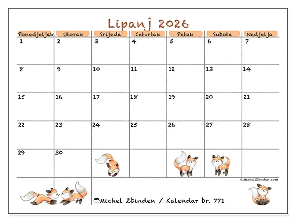 Kalendar lipanj 2026 za ispis - Crteži lisica