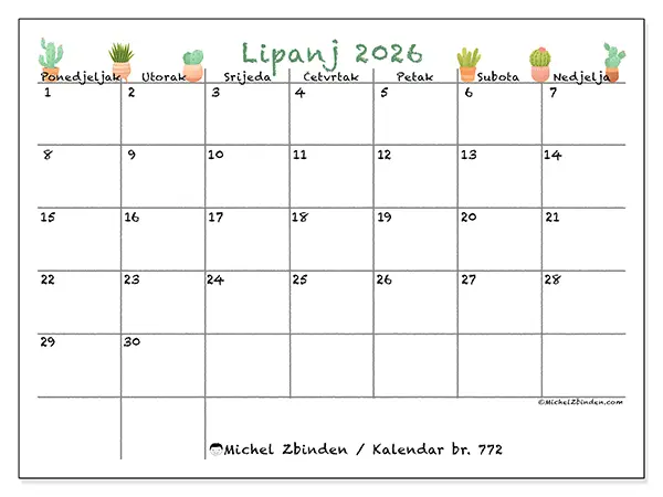 Kalendar lipanj 2026 za ispis - Dekorativni kaktusi