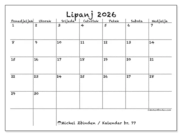 Kalendar lipanj 2026 za ispis - Škola i obitelj