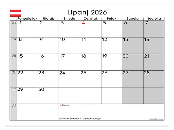 Kalendar lipanj 2026 za ispis - Austrija