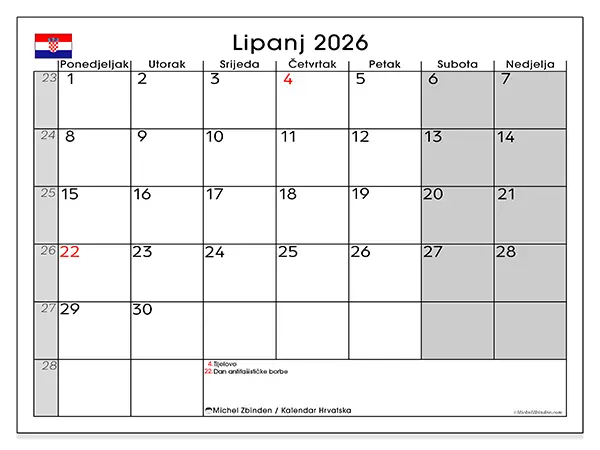 Kalendar lipanj 2026 za ispis - Hrvatska