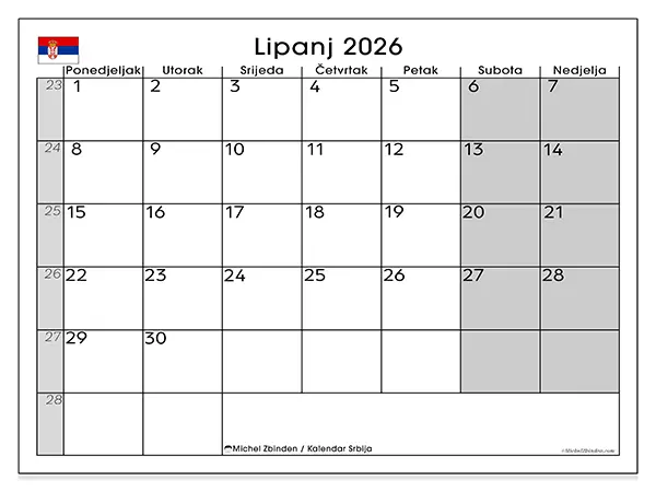 Kalendar lipanj 2026 za ispis - Srbija