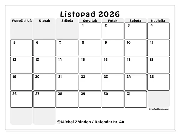 Kalendar listopad 2026 za ispis - Strukturirano planiranje