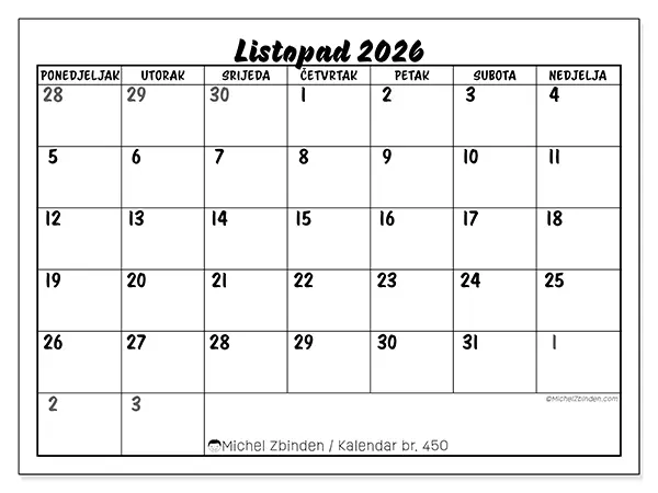 Kalendar listopad 2026 za ispis - Detaljan model