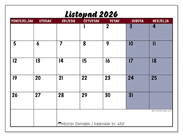 Kalendar listopad 2026 za ispis - Zadaci u boji