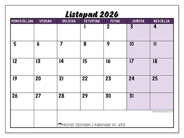 Kalendar listopad 2026 za ispis - Šareni zadaci