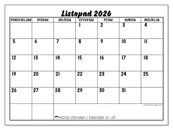 Kalendar listopad 2026 za ispis - Školski uspjeh