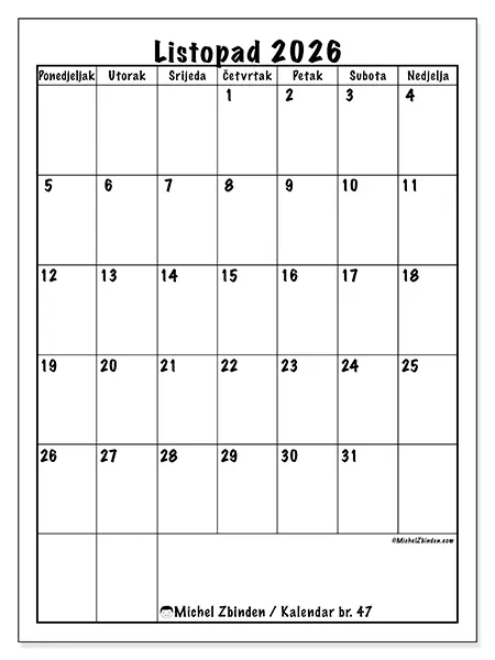 Kalendar listopad 2026 za ispis - Jasno planiranje